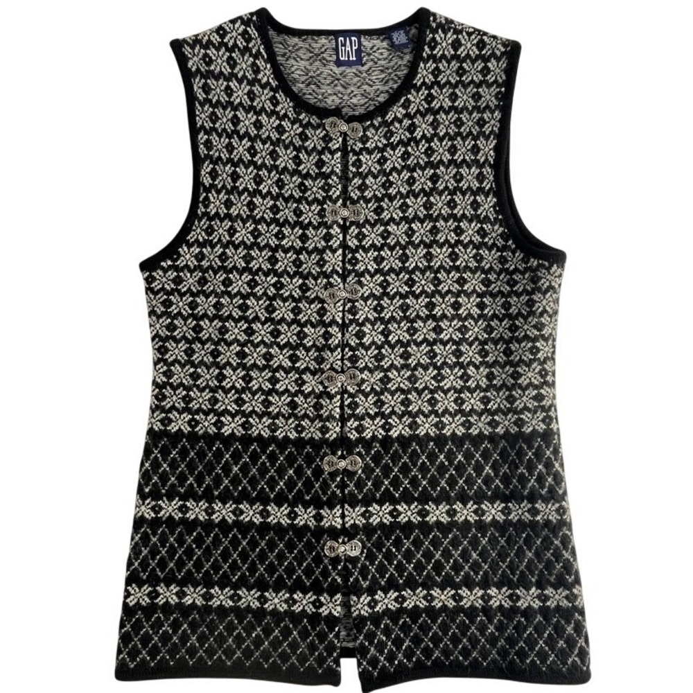 Vintage 90s 100% Wool Fair Isle Sweater Vest L Nordic Folk Metal Clasp Cardigan